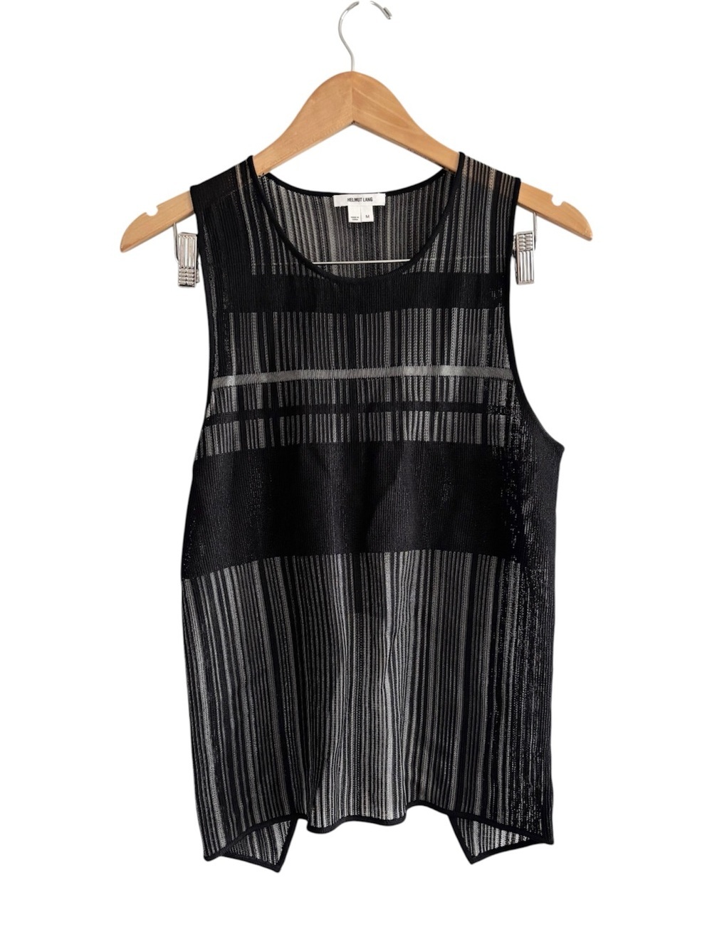 Helmut Lang Sheer Mesh Slinky Knit Striped Sleeveless Scoop Neck Tank